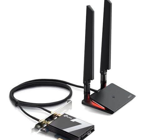 TP-Link Cartão WiFi 7 BE9300 PCIe WiFi para PC de mesa (Archer TBE550E), adaptador sem fio de banda tripla com MLO, LED, Bluetooth 5.4, WPA3, latência ultrabaixa, fácil instalação, LED de status
