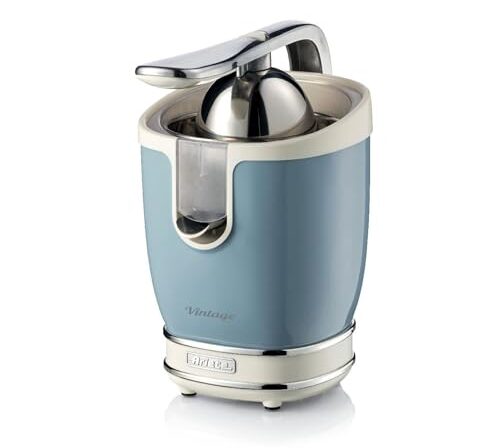 Ariete 413, Espremedor de Frutas Professional Com Alavanca Vintage Azul, 2 Cones para Frutas grandes e pequenas, Bico Anti-Gotejamento, Motor Silencioso - 60Wats - 220V
