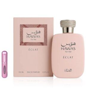 Perfume Hawas Éclat Eau de Parfum de 100 ml, perfume árabe para mulher de longa duração, inclui atomizador recarregável, fragrância feminina floral e luminoso, com notas de líchia, rosa e incenso