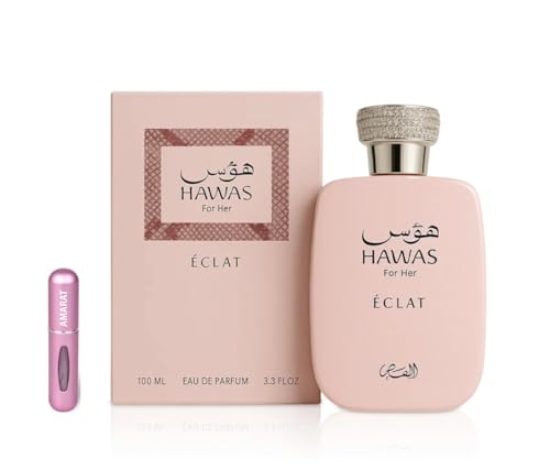 Perfume Hawas Éclat Eau de Parfum de 100 ml, perfume árabe para mulher de longa duração, inclui atomizador recarregável, fragrância feminina floral e luminoso, com notas de líchia, rosa e incenso