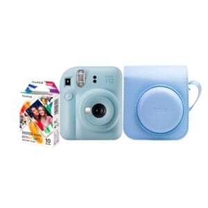 Kit Câmera Instax Mini 12 com pack 10 fotos Spray Art e Bolsa Azul Candy
