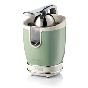 Ariete Espremedor de frutas cítricas elétrico com design vintage e alavanca de pressão, corpo de metal, 2 cones para frutas grandes e pequenas e bico de gotejamento 413/04 verde