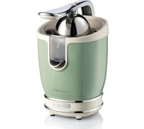 Ariete Espremedor de frutas cítricas elétrico com design vintage e alavanca de pressão, corpo de metal, 2 cones para frutas grandes e pequenas e bico de gotejamento 413/04 verde