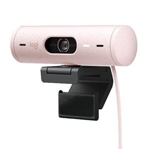 Webcam Full HD Logitech Brio 500 com Microfones Duplos com Redução de Ruídos, Proteção de Privacidade, Correção de Luz e Enquadramento Automático - Rosa