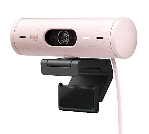 Webcam Full HD Logitech Brio 500 com Microfones Duplos com Redução de Ruídos, Proteção de Privacidade, Correção de Luz e Enquadramento Automático - Rosa