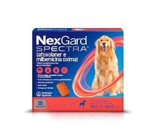 NexGard Spectra Antipulgas, Carrapatos e Vermífugos para Cães de 30,1 a 60kg - 3 tabletes
