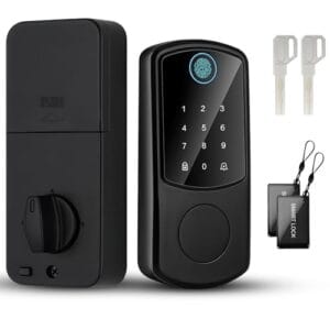 Fechadura inteligente, quatro em um (impressão digital + senha + cartão IC + chave mecânica), travamento automático, fonte de alimentação de emergência USB, campainha, navegação por voz