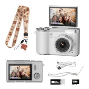 HEYMAO Câmera infantil, câmera digital 4K para fotografia, câmera de selfie de vídeo HD de 48 MP 1080p, com flash de tela flip de 180°, com cartão SD de 32 GB, para iniciantes, crianças, adolescentes