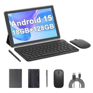 Tablet Android 15, 10 polegadas 18 GB RAM 128 GB ROM, tablet processador quad-core 2,0 GHz, tela sensível ao toque 1280 x 800 IPS, 2,4 G/5G WiFi, tablets 2 em 1 com teclado, capa, mouse, caneta