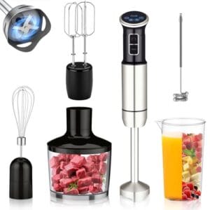 6 em 1 mixer de mão, 1000W, 8 velocidades, Exibição digital LCD, Vem com um copo de 860 ml, Triturador de 500 ml, Batedor de aço inoxidável com 4 pás, Adequado para sopas, smoothies e purés(127V)