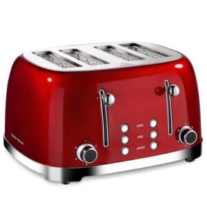 Roter Mond 4 Slice Toaster Retro Stainless Steel with Bagel Defrost Cancel Function, 6 Browning Settings, Extre Wide Slot and Removable Crumb Tray, Red, ST033
