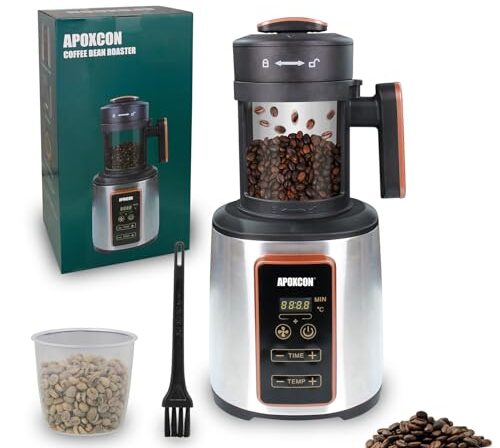 APOXCON Torrador de grãos de café elétrico para uso doméstico com cesta de coleção de grãos de café, temporizador ajustável, configurações de calor variáveis e configuração de ventilador de ar 1500 W