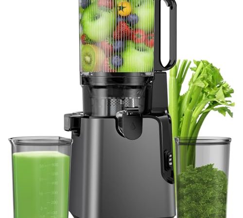 Espremedor de prensa a frio, máquina de suco extra grande de 15,5 cm para vegetais e frutas inteiros, máquinas de espremedor de mastigação lenta de 350 W, fácil de limpar, alto rendimento de suco