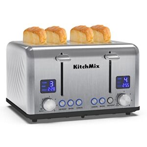 Toaster 4 Slice, KitchMix Bagel Stainless Toaster with LCD Timer, Extra Wide Slots, Dual Screen, Removal Crumb Tray (Stainless Steel)