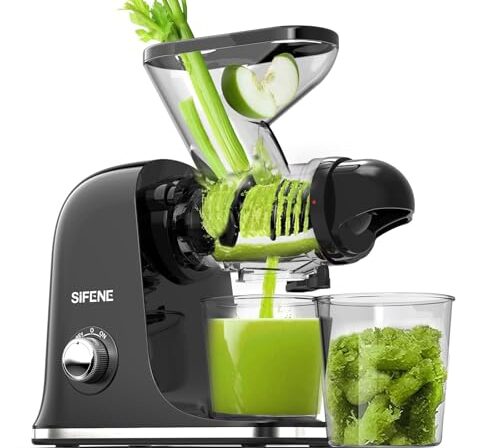 SiFENE - Espremedor silencioso de prensa a frio, espremedor compacto de mastigação lenta de uma só porção, fabricante de sumos de frutas e legumes de alto desempenho, fácil de limpar, sem BPA,