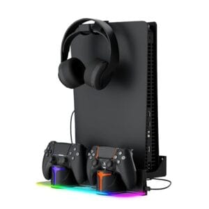 Hosanwell Kit de suporte de parede PS5 com estação de carregamento, compatível com PS5 e PS5 Slim, carregamento rápido de 2 horas, estação de carregamento de uso duplo com luz RGB multimodo, preto
