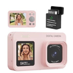 Câmera digital de tela dupla 5K atualizada, câmera fotográfica Vlog de 80 MP para YouTube, campus, viagens, câmera compacta de apontar e fotografar para adolescentes e iniciantes com foco automático
