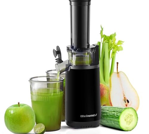 Elite Gourmet EJX600 Compacto Pequeno Espremedor de Espremedor Lento Mastigatório, Extrator de suco prensado a frio, denso em nutrientes e vitaminas, Tritan livre de BPA, fácil de limpar, copo de suco