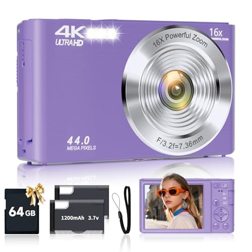 SMARTKLIK Câmera Digital Roxa FHD 4K 44MP com Cartão SD de 64 GB, Zoom Digital de 16x, Câmera para Adolescentes e Crianças