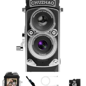 CHUZHAO Mini câmara digital clássica, estilo TLR portátil com ponta e disparo, bolso pequeno compacto 1080P FHD vídeo 12MP Autofocus Vlogging câmara com cartão de 16 GB para iniciantes,