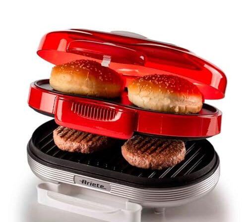 Ariete 205, Grill Burguer Retrô Vermelha - Party Time, Grelha Hamburguer e Aquece Pães, Base dupla antiaderente, 1200W - 127V