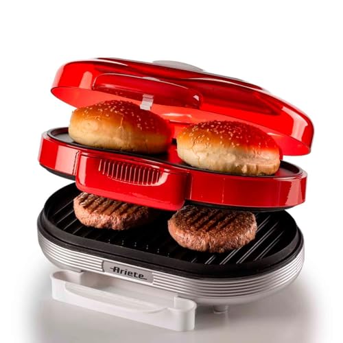 Ariete 205, Grill Burguer Retrô Vermelha - Party Time, Grelha Hamburguer e Aquece Pães, Base dupla antiaderente, 1200W - 127V