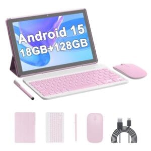 Tablet Android 15, 10 polegadas 18 GB RAM 128 GB ROM, tablet processador quad-core 2,0 GHz, tela sensível ao toque 1280 x 800 IPS, 2,4 G/5G WiFi, tablets 2 em 1 com teclado, capa, mouse, caneta
