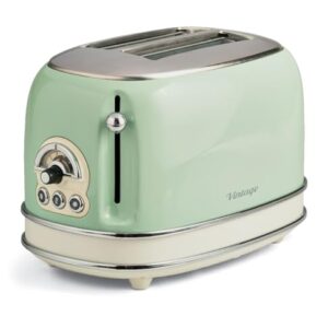 Ariete Torradeira 155 estilo vintage 750 Watt 2 fatias com bagel de degelo e reaquecimento, laterais de toque legais, pés antiderrapantes, 6 níveis de marrom, verde