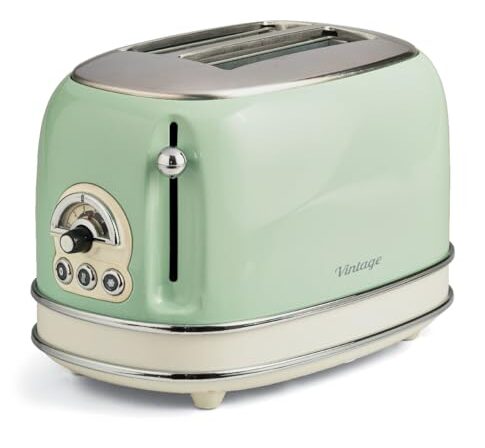 Ariete Torradeira 155 estilo vintage 750 Watt 2 fatias com bagel de degelo e reaquecimento, laterais de toque legais, pés antiderrapantes, 6 níveis de marrom, verde