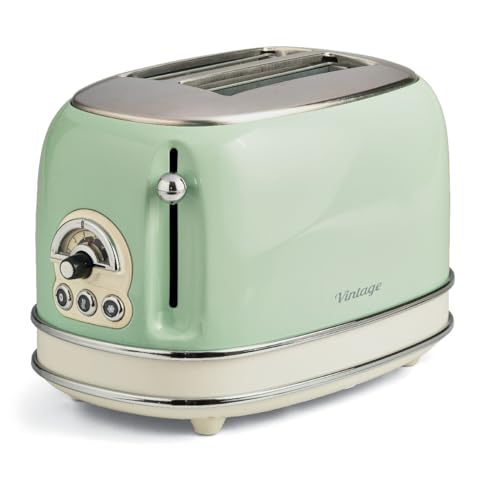Ariete Torradeira 155 estilo vintage 750 Watt 2 fatias com bagel de degelo e reaquecimento, laterais de toque legais, pés antiderrapantes, 6 níveis de marrom, verde