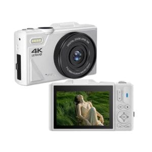 Câmera digital 4K, tela flip de 3 polegadas 64MP UHD 18X Zoom Câmera compacta retrô com foco automático, câmera portátil com função de webcam, para vlogging de fotografia de viagem (branca)