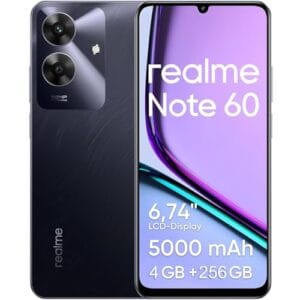 Celular Realme Note 60, 256GB ROM 4GB RAM 6.74“ Tela, 5000mAh Android 14 Octa Core Dual SIM Preto