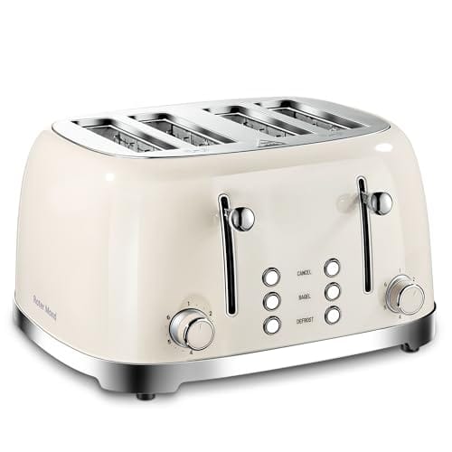 Roter Mond 4 Slice Toaster Retro Stainless Steel with Bagel Defrost Cancel Function, 6 Browning Settings, Extre Wide Slot and Removable Crumb Tray, Cream, ST033