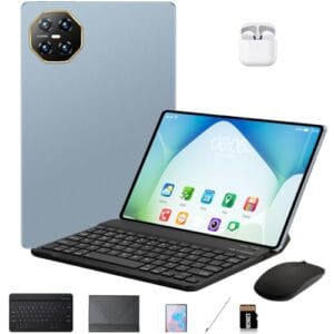 DIVENT-Tablet 3 em 1 com estojo/teclado/mouse/fone de ouvido, 10,1 polegadas, Android 14, 16GB de RAM + 512GB de ROM, câmera de 16MP + 32MP, GPS, Bluetooth, bateria de 8800 mAh, Dual-SIM (Azul)