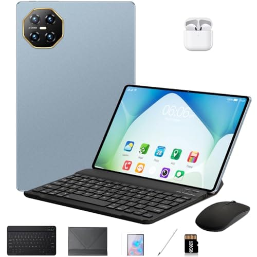 DIVENT-Tablet 3 em 1 com estojo/teclado/mouse/fone de ouvido, 10,1 polegadas, Android 14, 16GB de RAM + 512GB de ROM, câmera de 16MP + 32MP, GPS, Bluetooth, bateria de 8800 mAh, Dual-SIM (Azul)