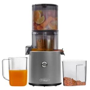 Omega Juicer JC2022GY11 Slow Masticating Cold Press Vegetable and Fruit Juice extrator Effortless Series for Batch Juicing with Extra Large Hopper for No-Prep, tamanho 68-150 - Watts, cinzento