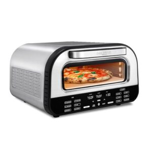 Gourmia Torradeira de ar fritadeira de forno de pizza interna – Multipanela de bancada de 1800W com pedra de pizza, controles digitais e 6 predefinições, aço inoxidável