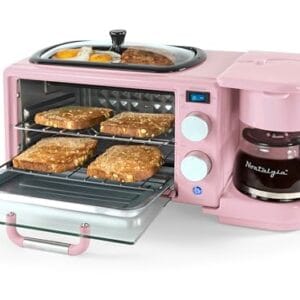 Nostalgia Estação de café da manhã retrô 3 em 1 - inclui cafeteira de 5 xícaras, chapa de cerâmica antiaderente e forno de torradeira de 4 fatias - temporizador embutido, filtro de café reutilizável