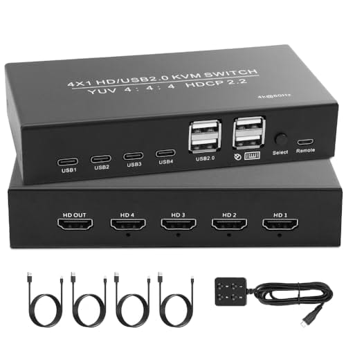 Interruptor KVM, HDMI KVM Switch 1 Monitor 4 Computers, HDMI KVM Switch for Keyboard Mouse Printer, Supports 4K@60Hz, Includes Desktop Controller, 4 Cables