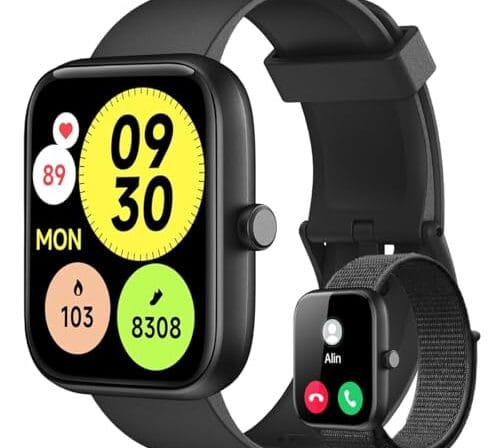 Smartwatch Relógio Inteligente, Tela HD de 1,83" Relógio Fitness com Alexa, 120 Esportes, Frequência Cardíaca e Monitoramento do Sono, IP68 à rova d'água, Compatível com Android iOS, 2 Pulseiras Preto