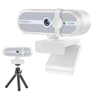 MOERTEK Webcam 2K para PC, webcam com microfone redutor de ruído, correção automática de luz, ângulo amplo de 90°, capa de privacidade embutida, suporta zoom, equipes, reuniões, Skype, perfeita para