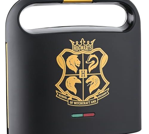 Harry Potter Máquina De Sanduíche Dupla Warner Brothers Da Select Brands - Placas Cozimento Revestidas Cerâmica Com Brasão Hogwarts E Copos Em Sanduíches Tostados, Preto Dourado, Wbh-100Sm