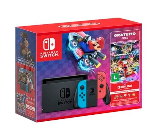 Nintendo, Console + Jogo, Switch Azul e Vermelho, Jogo Digital Mario Kart 8 Deluxe, 3 Meses de Assinatura Nintendo Switch Online