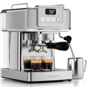 SUMSATY Máquina de Café Expresso, Aço Inoxidável, 1.8L, 20 Bar, Vaporizador de Leite, Cappuccino, Latte, Espresso, Totalmente Automática