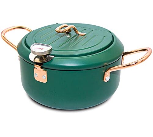 Cyrder Frigideira Tempura Japonesa com Termômetro Fahrenheit 3,5L - Fritadeira de Óleo de Aço Carbono Antiaderente, Tempura Frita/Frango/Peixe/Camarão, Fácil de Limpar, Panela Tempura Verde Grande, 26