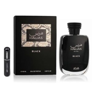 Perfume Hawas For Him Black EDP de 100 ml, perfume árabe para homem de longa duração com atomizador recarregável, fragrância cítrica madeira com notas de abacaxi, patchouli e musgo de carvalho (For