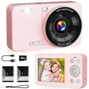Câmera digital, câmera digital 4K 64MP, zoom 18x, aponte e atire com cartão TF de 64 GB e 2 baterias, câmera pequena portátil recarregável para crianças, adolescentes e adultos, rosa