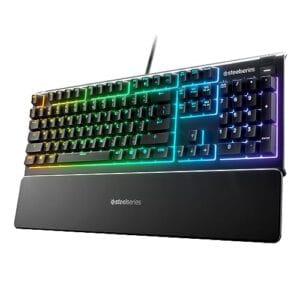 SteelSeries Teclado para jogos Apex 3 RGB – Iluminação RGB de 10 zonas – Resistente à água IP32 – Descanso de pulso magnético premium (interruptor silencioso para jogos)