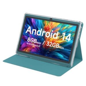 HOTTABLET Tablet Android 14.0 de 7 polegadas com capa protetora, 8 GB (expansão de 4 + 4 GB) RAM + 32 GB de ROM, tela IPS, câmera dupla, aba WiFi Bluetooth 5.0 (azul marinho)