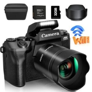 Saneen Digital Camera, 4k Cameras for Photography & Video, 64MP WiFi Touch Screen Vlogging Camera for YouTube with Flash, 32GB Card, Lens Hood, 3000mAH Battery, Front and Rear Cameras -